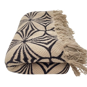 May include: Folded beige throw blanket with a black geometric pattern. The blanket has a fringed edge. The pattern is a series of black lines radiating from a central point, creating a flower-like design.