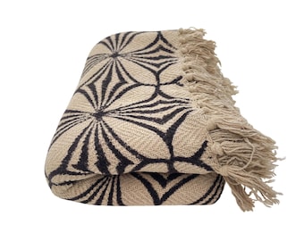 Boho Block Print Throw | Geometric Cotton Blanket | Handmade Fringe Blanket | Modern Home Decor