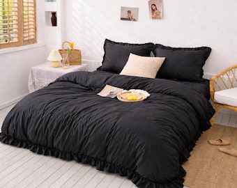 Funda nórdica de lino negro, ropa de cama suave y lujosa, funda de edredón minimalista en tonos neutros, juego de ropa de cama tamaño king/queen.