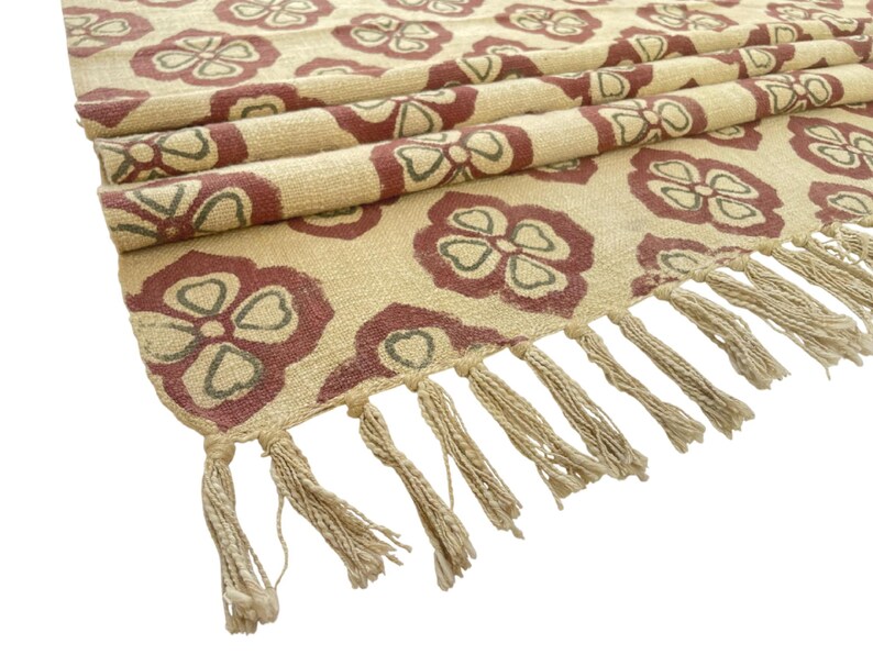 Hand Block Print Blanket | Maroon Floral Cotton Throw with Fringe | Boho Sofa & Bed Decor image 2