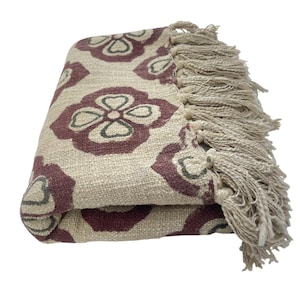 Hand Block Print Blanket | Maroon Floral Cotton Throw with Fringe | Boho Sofa & Bed Decor image 1