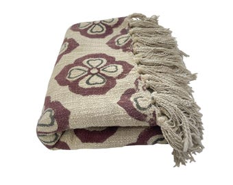 Hand Block Print Blanket | Maroon Floral Cotton Throw with Fringe | Boho Sofa & Bed Decor