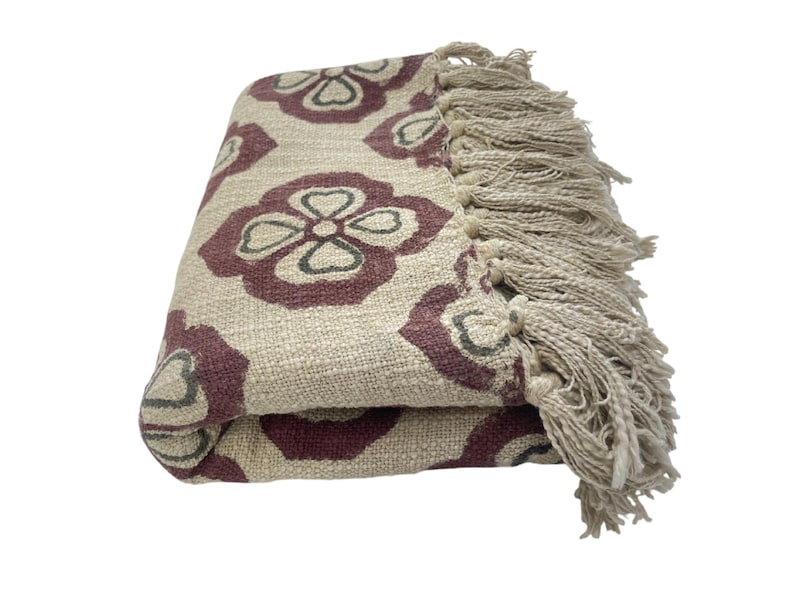 Hand Block Print Blanket | Maroon Floral Cotton Throw with Fringe | Boho Sofa & Bed Decor image 1