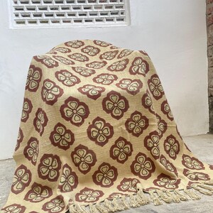 Hand Block Print Blanket | Maroon Floral Cotton Throw with Fringe | Boho Sofa & Bed Decor image 11