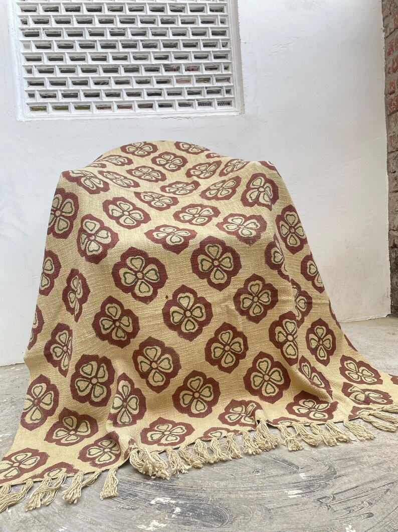 Hand Block Print Blanket | Maroon Floral Cotton Throw with Fringe | Boho Sofa & Bed Decor image 11