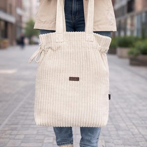 Premium Cream Corduroy Bag 37×40 cm, 100% Upcycled, Waterproof Lining, Pocket, Drawstring