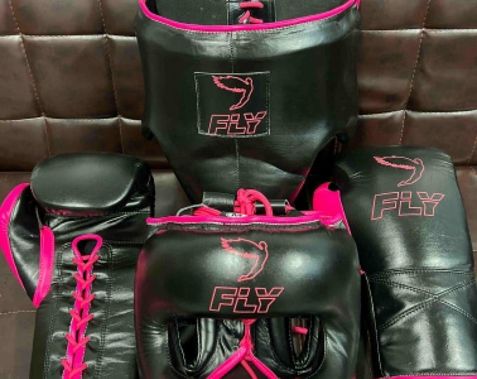 Handmade Cowhide Leather Fly Full Boxing Set of Gloves, Headgear & Groin Protector