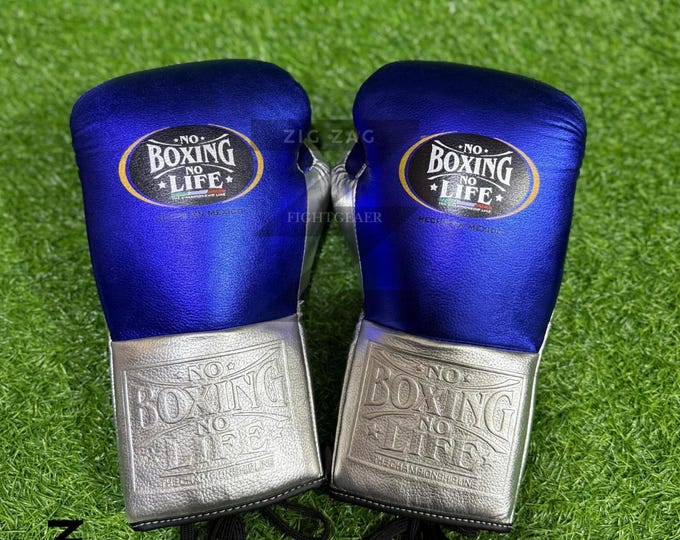 Custom No Boxing No Life Gloves, Handmade Cowhide Leather, Silver\Blue, Training & Sparring
