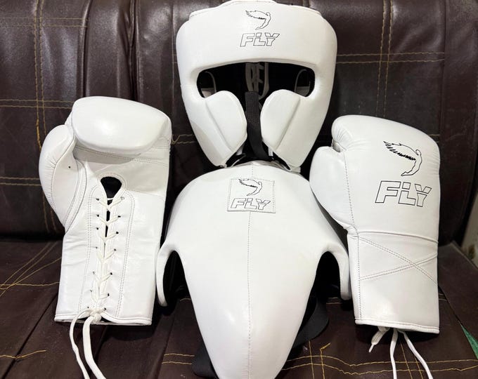 White Leather Boxing Set – Fly Boxing Gear Gloves, Headgear & Groin Guard | Professional Fight Equipment