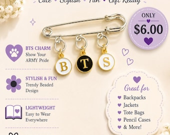 BTS Inspired Charm Brooch Pin | Handmade BTS fan accessory | K-Pop Inspired jacket Pin | BTS Letter Charm Brooch | Gift for Army