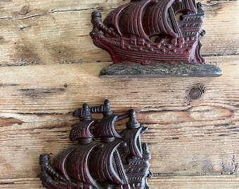 Vintage Ship Bookends Red - Cast Iron