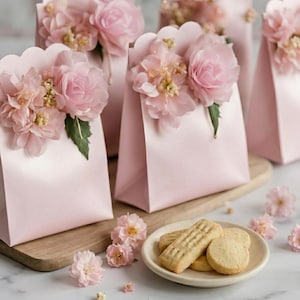 Könnte beinhalten: Rosa Geschenkbeutel mit gewellten Kanten, verziert mit rosa Blüten und Grün. Ein kleiner Teller mit Shortbread-Keksen steht daneben. Die Beutel sind auf einem Holzbrett angeordnet, was eine zarte Ästhetik schafft.