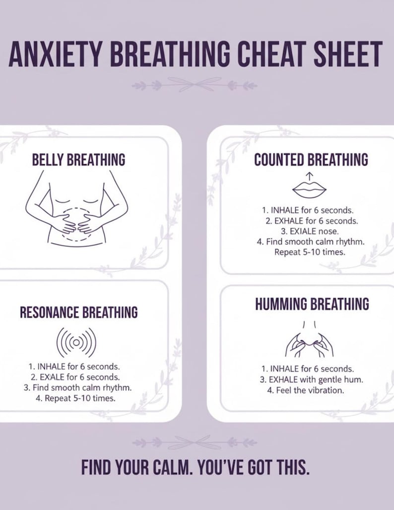 Anxiety Relief Breathing Cheat Sheet Printable 4 Different Techniques 