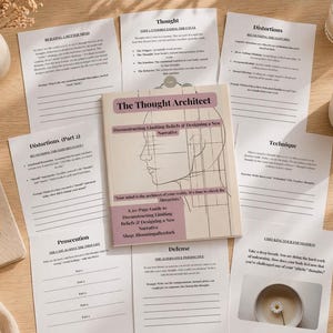 Può includere: Un libro intitolato "The Thought Architect" con una copertina rosa chiaro, circondato da fogli di lavoro stampati e una penna. Il sottotitolo del libro recita "Decostruire le credenze limitanti e progettare una nuova narrazione". Sono presenti anche una candela e una tazza di caffè.