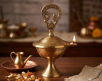 Handcrafted Brass Om Cap  Diya Lamp | Traditional Indian Oil Lamp | Pooja Deepam | Hindu Spiritual Decor |