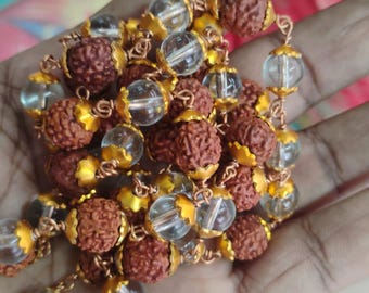 Handmade Rudraksha / Transparent Crystal Bead Mala / Spiritual Rosary / Traditional Rudraksha Chain