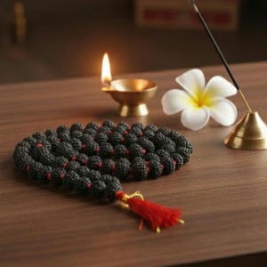 Japa Mala de Rudraksha natural hecha a mano de color negro con borla roja