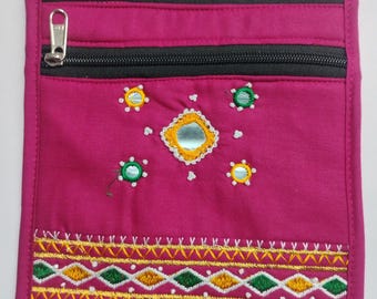 Handmade Embroidered Cotton Sling Bag | Gujarati Mirror Work Purse