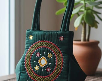 Handmade Embroidered Cotton Handbag | Mirror Work Boho Tote