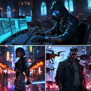 Puede incluir: Arte digital que representa una temática cyberpunk futurista. La imagen presenta un hacker frente a una computadora, una mujer en una calle de la ciudad y un hombre con drones. La paleta de colores está dominada por azules, rojos y negros, creando una atmósfera dramática y tecnológica.