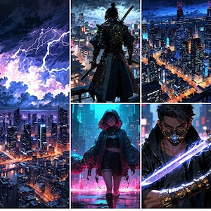 May include: A digital art collage featuring six panels with a futuristic cyberpunk theme. The panels depict cityscapes, lightning, and figures with swords and masks, all rendered in vibrant blues, purples, and oranges.