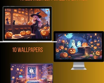 Kawaii Halloween Desktop Wallpaper | Lofi Pastel Ghosts, Pumpkins (Digital Download)