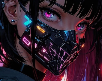 Könnte beinhalten: Digitales Kunstwerk einer Person mit schwarzen Haaren und einer futuristischen Maske. Die Maske hat Neon-Akzente, und die Augen leuchten rosa. Die Uhrzeit 13:59 wird angezeigt. Der Hintergrund zeigt eine verschwommene, farbenfrohe Stadt.