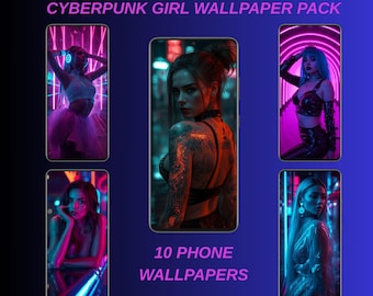 May include: A digital art pack featuring five smartphone screens displaying cyberpunk-themed female characters. The screens are set against a gradient blue background. Text at the top reads "CYBERPUNK GIRL WALLPAPER PACK" and "10 PHONE WALLPAPERS" at the bottom.