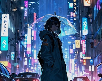 Könnte beinhalten: Digitale Illustration einer Person in einem tealfarbenen Mantel und schwarzen Stiefeln, die einen durchsichtigen Regenschirm in einer regnerischen Stadtstraße hält. Neonreklamen und Autolichter spiegeln sich auf dem nassen Pflaster. Die Uhrzeit ist 17:19.