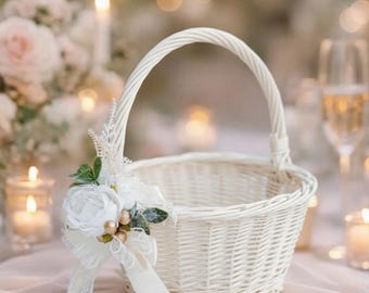 Cesto di fiori per matrimoni, cesto di vimini per damigelle, cesto bianco per damigelle, cesto rustico per matrimoni, cesto di fiori per cerimonie, cesto di petali per matrimoni