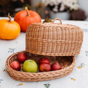 Cesta de pan de mimbre con tapa, cesta de pan de mimbre grande, cesta de pan de mimbre natural, cesta de pan de mimbre hecha a mano, almacenamiento de pan, contenedor de pan