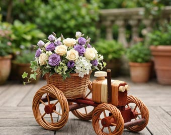 Macetero de mimbre con forma de tractor, soporte para macetas de mimbre, macetero de mimbre con forma de carro, cesta rústica para flores, cesta para macetas de jardín, decoración de mimbre estilo granja