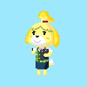 Puede incluir: Una ilustración pixelada de un perro amarillo con un chaleco verde y negro, una corbata de lazo roja y un bloc de notas negro. El perro tiene una coleta rubia y sonríe.