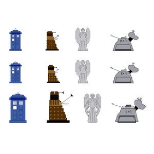 May include: A set of nine illustrations featuring characters from the Doctor Who television series. The illustrations include a blue police box, a brown Dalek, a gray Weeping Angel, and a gray Cyberman.