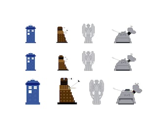 Mini Cross Stitch Patterns - Tardis, Dalek, Angel, K-9