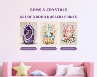 Gems Crystals Nursery Prints Set of 3 | Boho Healing Stones Art | Digital Download