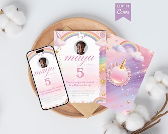 Unicorn Birthday Invitation Template, Editable Canva Invite, Magical Party Card with Back Design & Story, Printable Digital Download