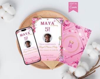 Princess Birthday Invitation Template, Editable Canva Invite, Royal Party Card with Back Design & Story, Printable Digital Download