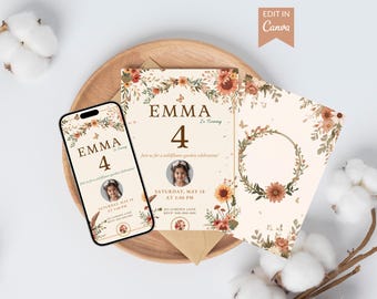 Boho Wildflower Birthday Invitation Template, Editable Canva Invite, Floral Party Card with Back Design & Story, Printable Digital Download