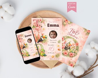 Boho Flamingo, Toucan and Parrot Second Birthday Invitation, TWO Fabulous Editable Canva Invite, 2nd Birthday Card with Back Design