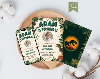 Dinosaur Birthday Invitation Template, Editable Canva Invite, Dino Party Card with Back Design & Story, Printable Digital Download