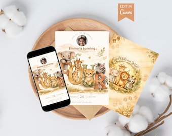 Boho Safari Fourth Birthday Invitation, FOUR-ever Wild Editable Canva Invite, 4th Birthday Card with Back Design & Digital Download