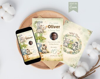 Boho Safari Third Birthday Invitation, Wild THREE Editable Canva Invite, Rhino Croc Zebra 3rd Birthday Card with Back Design