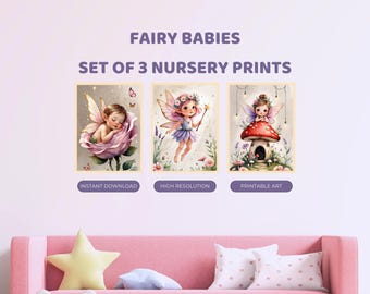 Fairy Babies Nursery Prints Set of 3 | Magical Garden Fairies Art | Digital Download
