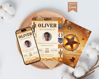 Cowboy Birthday Invitation Template, Editable Canva Invite, Western Party Card with Back Design & Story, Printable Digital Download