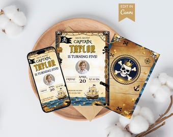 Pirate Birthday Invitation Template, Editable Canva Invite, Treasure Island Party Card with Back Design & Story, Printable Digital Download
