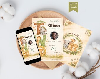 Boho Safari Second Birthday Invitation, Wild One is TWO Editable Canva Invite, 2nd Birthday Card with Back Design & Digital Download