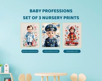 Baby Professions Nursery Prints Set of 3 | Doctor Pilot FireFighter Dreams Art | Digital Download