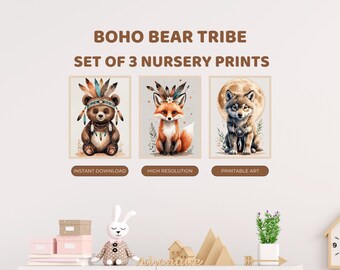 Boho Animals Nursery Prints Set of 3 | Bear Fox Wolf Feather Headdress | Digital Download