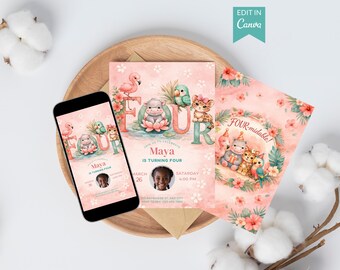 Boho Tropical Fourth Birthday Invitation, Editable Canva Invite, Safari Girl 4th Birthday Card with Back Design, Digital Download